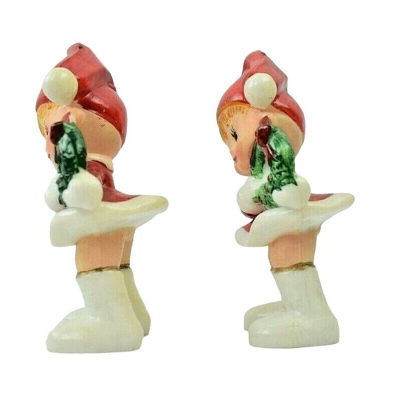 Vintage Kitschy Christmas Elves with Wreaths 4.5 inch Celluloid Figurines (Pair) - Picture 4 of 6